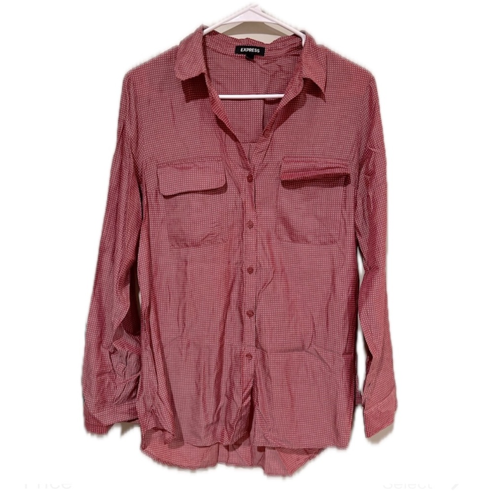 Express Holo Silky Polka Dot Women’s Button Up Dress Shirt Faded Wine Size M